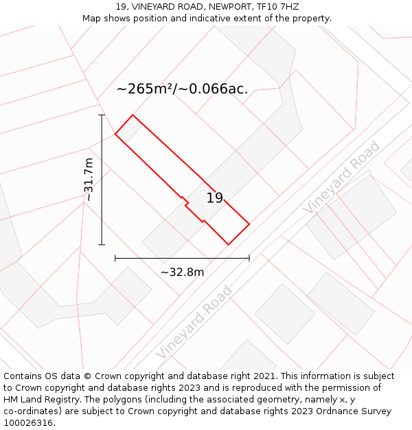 19, VINEYARD ROAD, NEWPORT, TF10 7HZ: Plot and title map