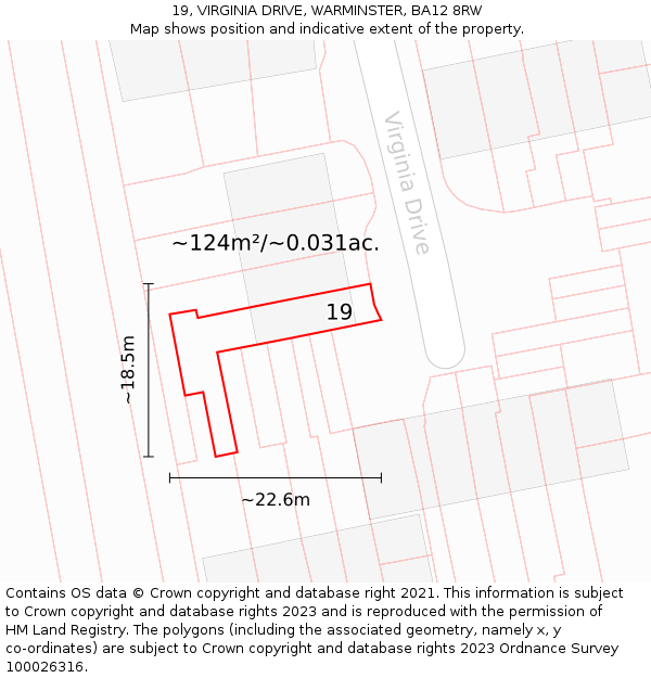 19, VIRGINIA DRIVE, WARMINSTER, BA12 8RW: Plot and title map