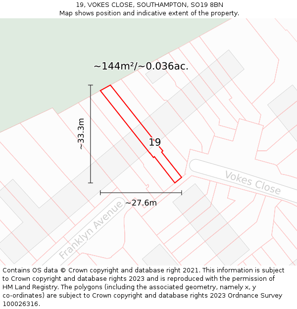 19, VOKES CLOSE, SOUTHAMPTON, SO19 8BN: Plot and title map