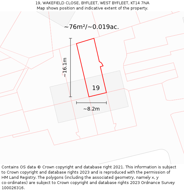 19, WAKEFIELD CLOSE, BYFLEET, WEST BYFLEET, KT14 7NA: Plot and title map
