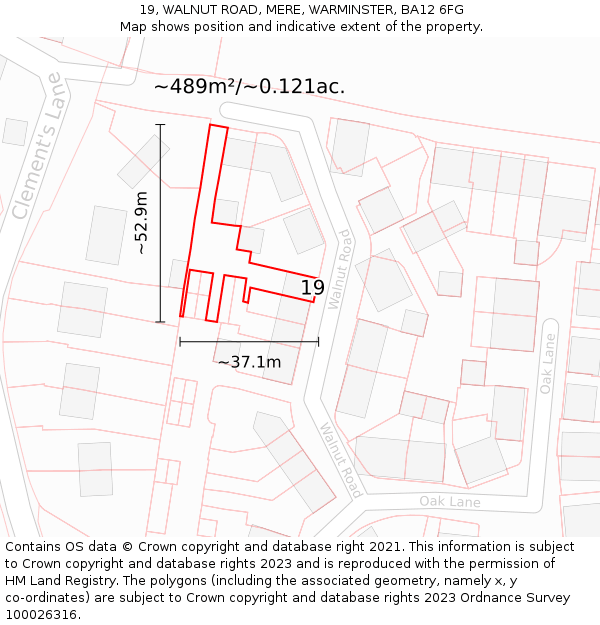 19, WALNUT ROAD, MERE, WARMINSTER, BA12 6FG: Plot and title map