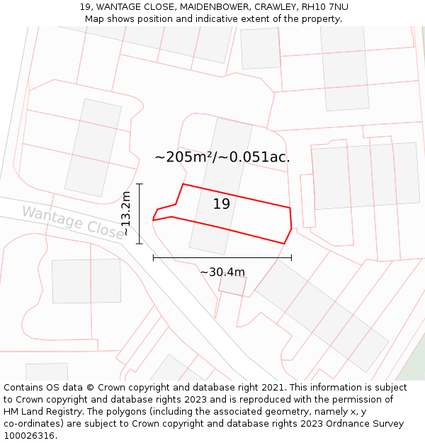19, WANTAGE CLOSE, MAIDENBOWER, CRAWLEY, RH10 7NU: Plot and title map