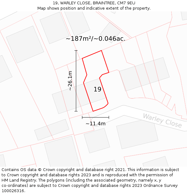 19, WARLEY CLOSE, BRAINTREE, CM7 9EU: Plot and title map