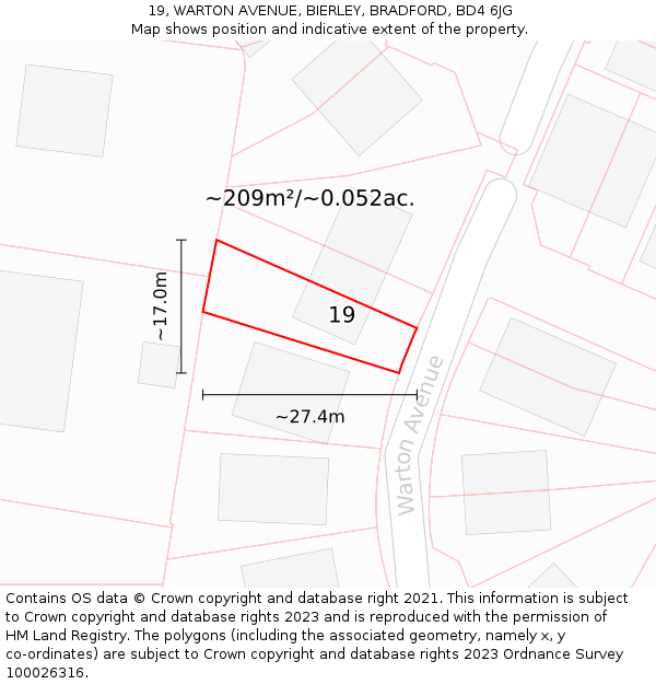 19, WARTON AVENUE, BIERLEY, BRADFORD, BD4 6JG: Plot and title map