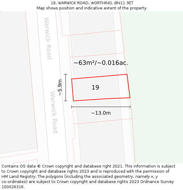 19, WARWICK ROAD, WORTHING, BN11 3ET: Plot and title map