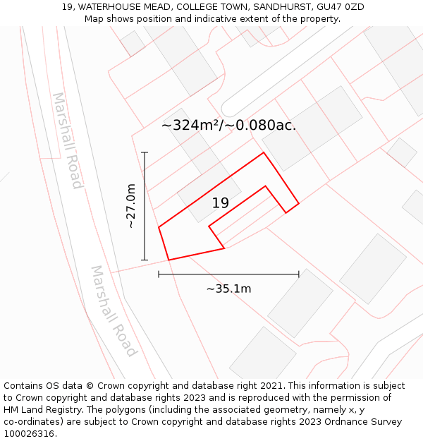 19, WATERHOUSE MEAD, COLLEGE TOWN, SANDHURST, GU47 0ZD: Plot and title map