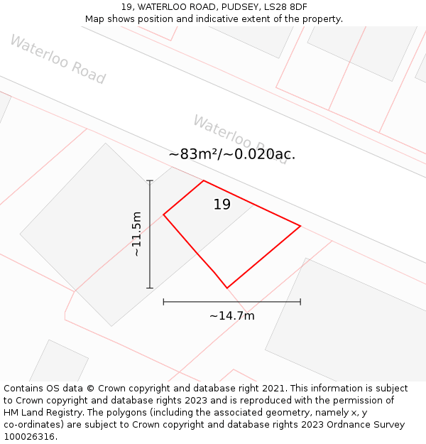 19, WATERLOO ROAD, PUDSEY, LS28 8DF: Plot and title map