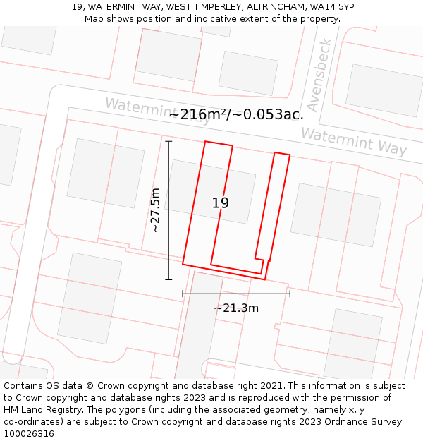 19, WATERMINT WAY, WEST TIMPERLEY, ALTRINCHAM, WA14 5YP: Plot and title map