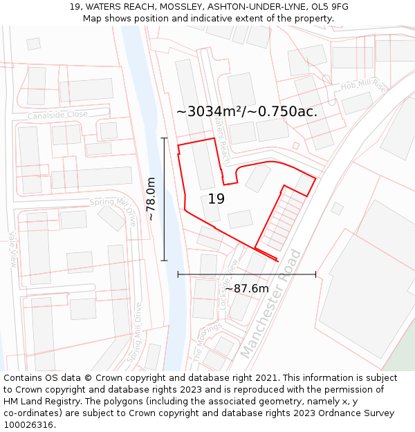 19, WATERS REACH, MOSSLEY, ASHTON-UNDER-LYNE, OL5 9FG: Plot and title map