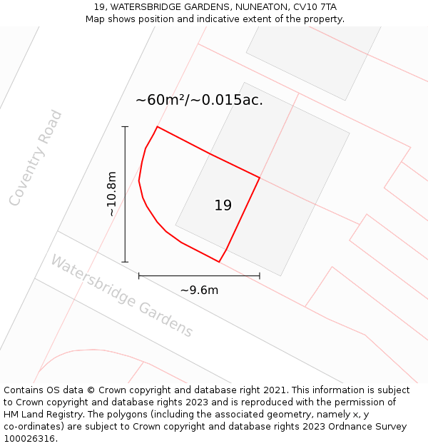 19, WATERSBRIDGE GARDENS, NUNEATON, CV10 7TA: Plot and title map