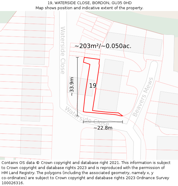 19, WATERSIDE CLOSE, BORDON, GU35 0HD: Plot and title map