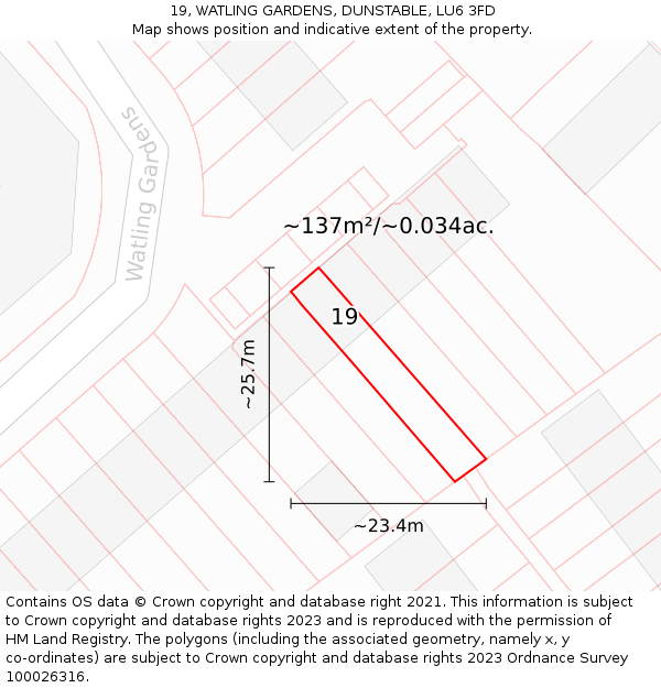 19, WATLING GARDENS, DUNSTABLE, LU6 3FD: Plot and title map