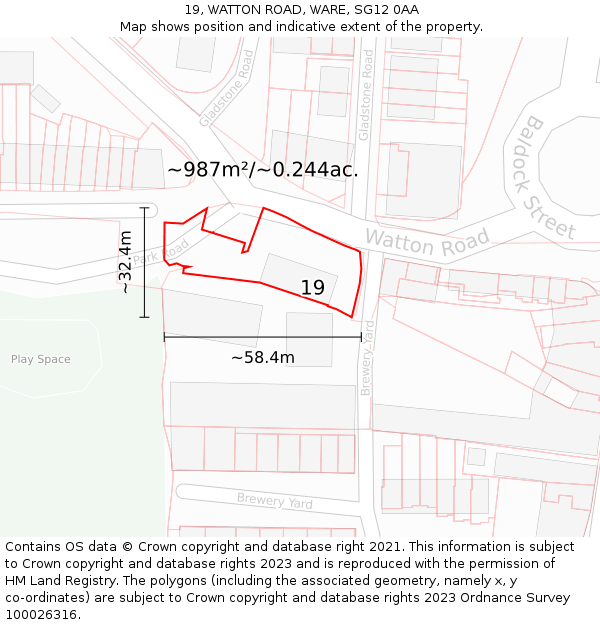 19, WATTON ROAD, WARE, SG12 0AA: Plot and title map