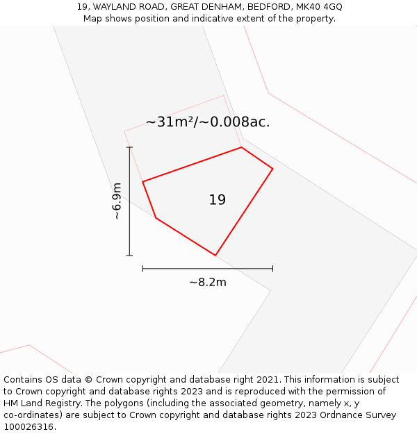 19, WAYLAND ROAD, GREAT DENHAM, BEDFORD, MK40 4GQ: Plot and title map