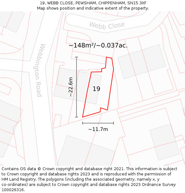 19, WEBB CLOSE, PEWSHAM, CHIPPENHAM, SN15 3XF: Plot and title map