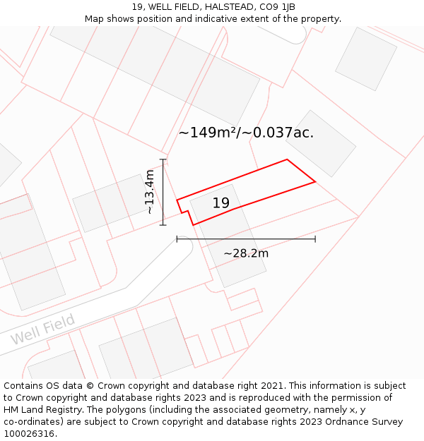 19, WELL FIELD, HALSTEAD, CO9 1JB: Plot and title map