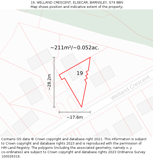 19, WELLAND CRESCENT, ELSECAR, BARNSLEY, S74 8BN: Plot and title map