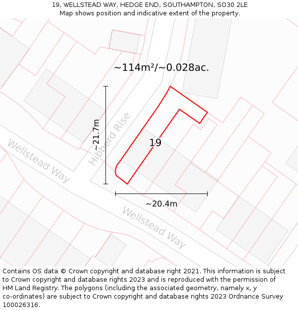 19, WELLSTEAD WAY, HEDGE END, SOUTHAMPTON, SO30 2LE: Plot and title map