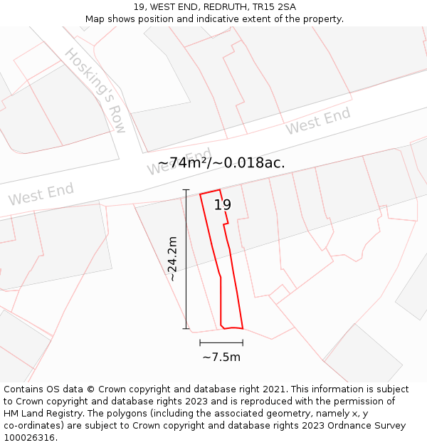 19, WEST END, REDRUTH, TR15 2SA: Plot and title map
