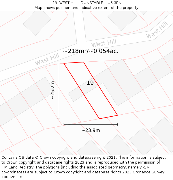 19, WEST HILL, DUNSTABLE, LU6 3PN: Plot and title map