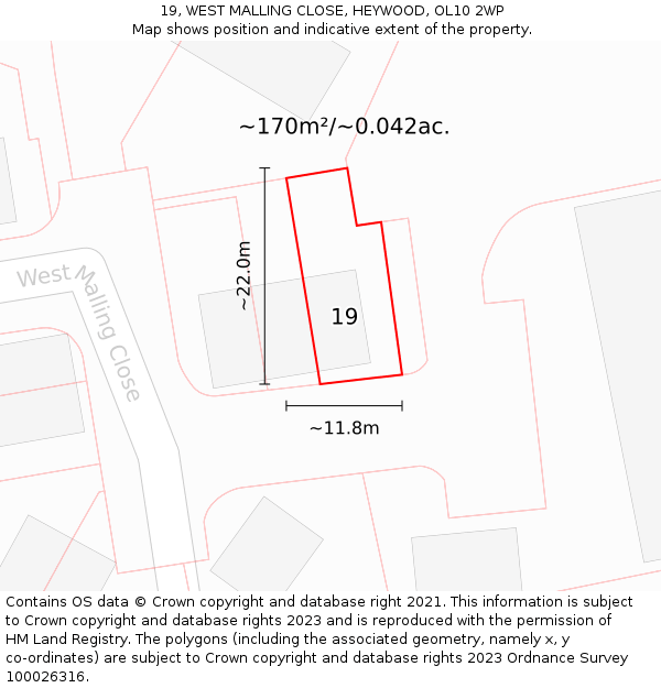 19, WEST MALLING CLOSE, HEYWOOD, OL10 2WP: Plot and title map