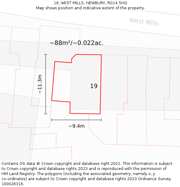19, WEST MILLS, NEWBURY, RG14 5HG: Plot and title map