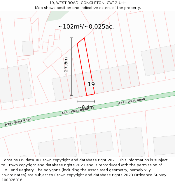 19, WEST ROAD, CONGLETON, CW12 4HH: Plot and title map