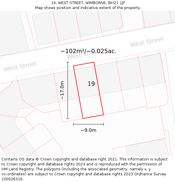 19, WEST STREET, WIMBORNE, BH21 1JP: Plot and title map