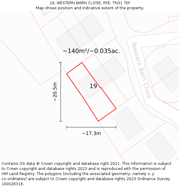 19, WESTERN BARN CLOSE, RYE, TN31 7EF: Plot and title map