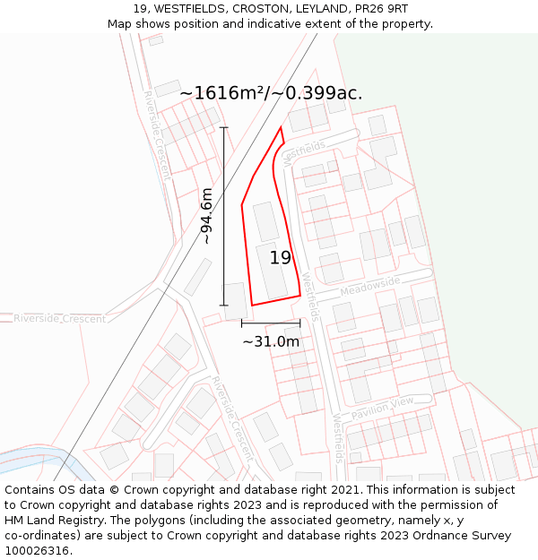19, WESTFIELDS, CROSTON, LEYLAND, PR26 9RT: Plot and title map