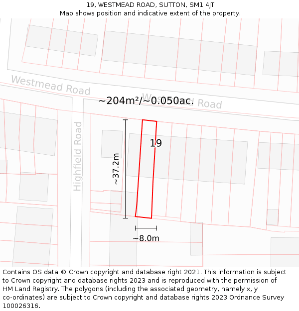 19, WESTMEAD ROAD, SUTTON, SM1 4JT: Plot and title map