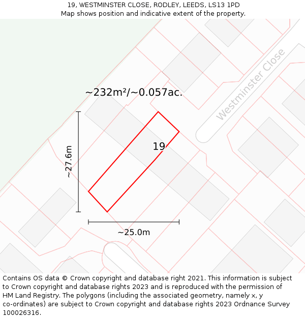 19, WESTMINSTER CLOSE, RODLEY, LEEDS, LS13 1PD: Plot and title map