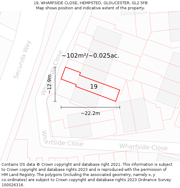 19, WHARFSIDE CLOSE, HEMPSTED, GLOUCESTER, GL2 5FB: Plot and title map