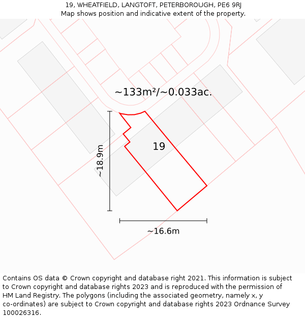 19, WHEATFIELD, LANGTOFT, PETERBOROUGH, PE6 9RJ: Plot and title map