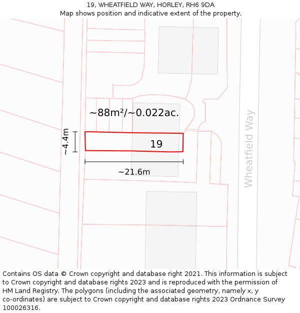 19, WHEATFIELD WAY, HORLEY, RH6 9DA: Plot and title map