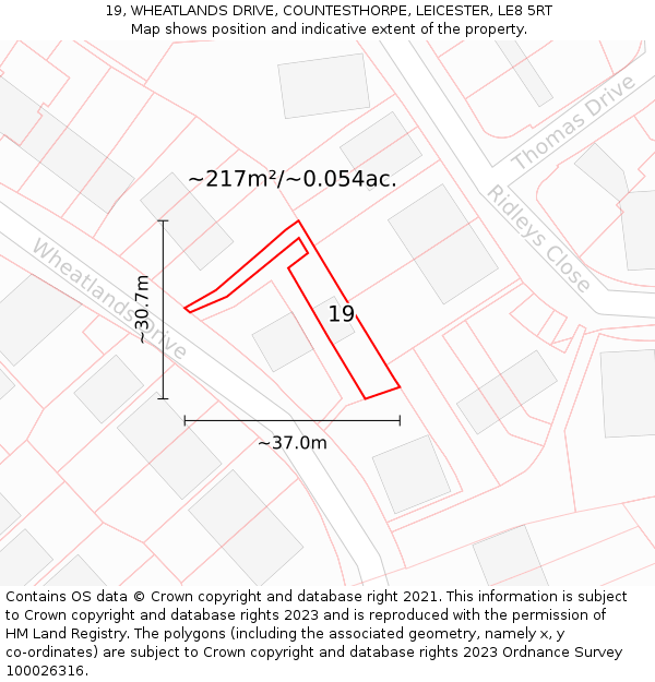 19, WHEATLANDS DRIVE, COUNTESTHORPE, LEICESTER, LE8 5RT: Plot and title map