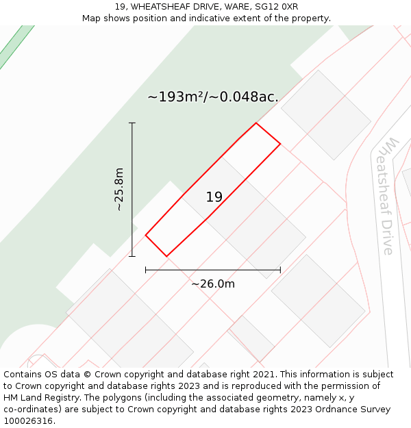 19, WHEATSHEAF DRIVE, WARE, SG12 0XR: Plot and title map