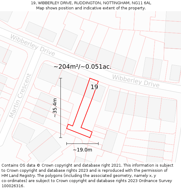 19, WIBBERLEY DRIVE, RUDDINGTON, NOTTINGHAM, NG11 6AL: Plot and title map