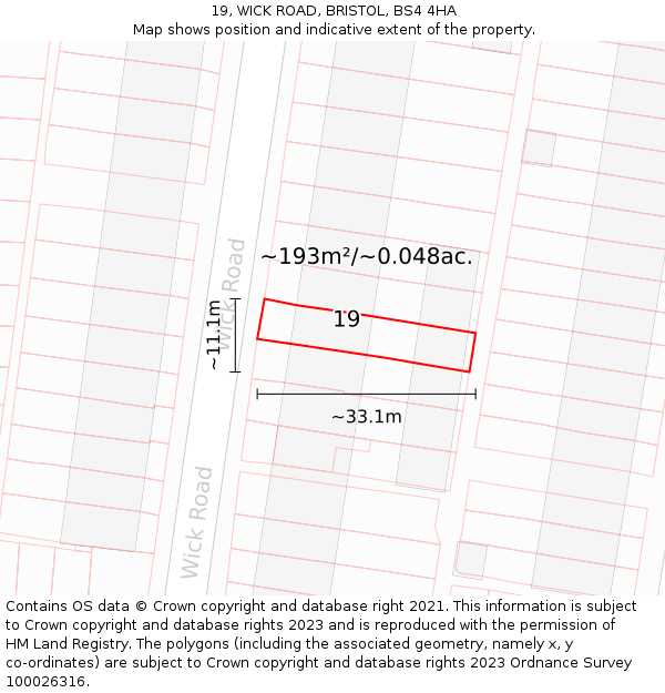 19, WICK ROAD, BRISTOL, BS4 4HA: Plot and title map