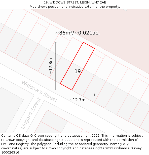 19, WIDDOWS STREET, LEIGH, WN7 2AE: Plot and title map