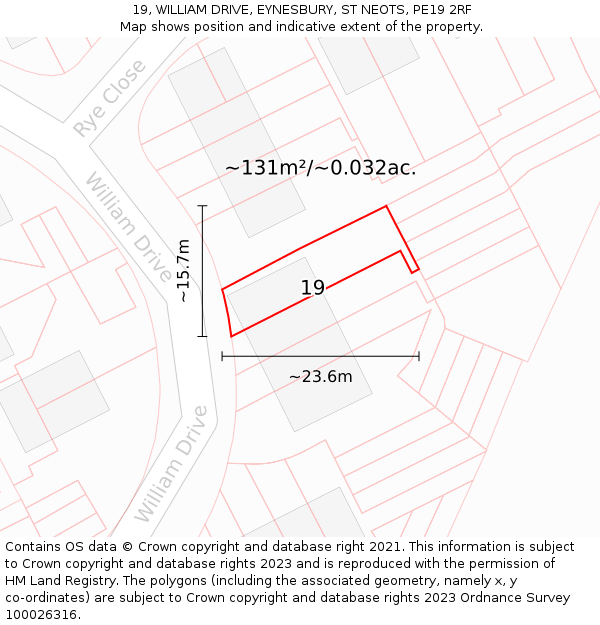 19, WILLIAM DRIVE, EYNESBURY, ST NEOTS, PE19 2RF: Plot and title map