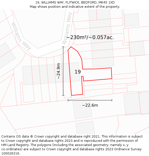 19, WILLIAMS WAY, FLITWICK, BEDFORD, MK45 1XD: Plot and title map