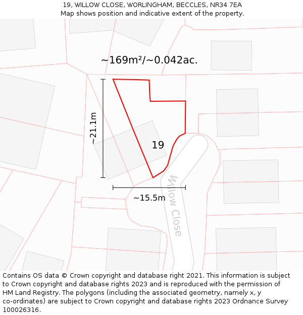 19, WILLOW CLOSE, WORLINGHAM, BECCLES, NR34 7EA: Plot and title map