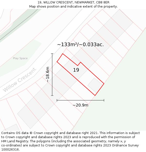 19, WILLOW CRESCENT, NEWMARKET, CB8 8ER: Plot and title map