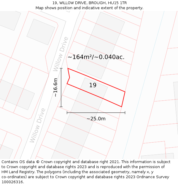 19, WILLOW DRIVE, BROUGH, HU15 1TR: Plot and title map