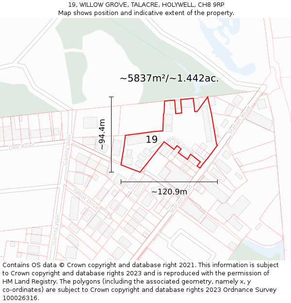 19, WILLOW GROVE, TALACRE, HOLYWELL, CH8 9RP: Plot and title map
