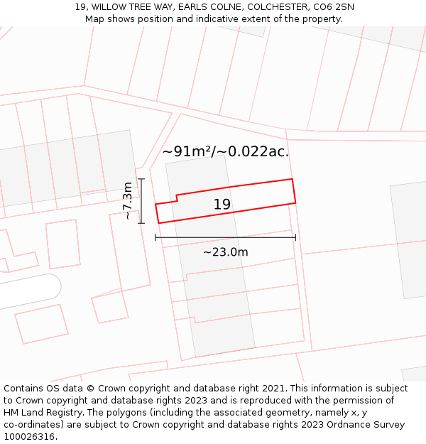 19, WILLOW TREE WAY, EARLS COLNE, COLCHESTER, CO6 2SN: Plot and title map