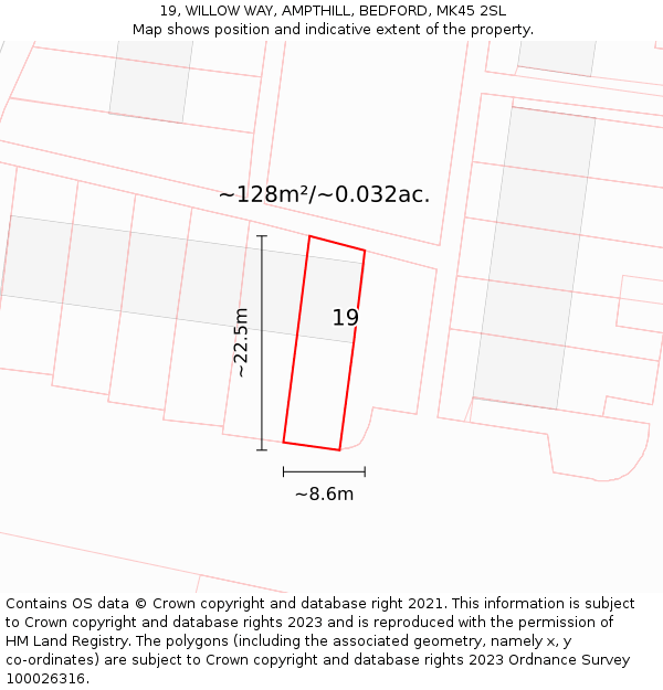 19, WILLOW WAY, AMPTHILL, BEDFORD, MK45 2SL: Plot and title map