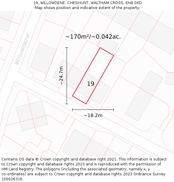 19, WILLOWDENE, CHESHUNT, WALTHAM CROSS, EN8 0XD: Plot and title map