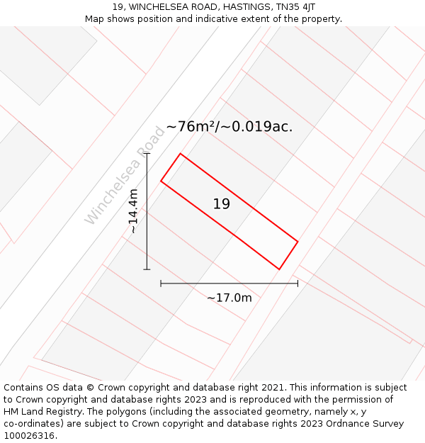 19, WINCHELSEA ROAD, HASTINGS, TN35 4JT: Plot and title map